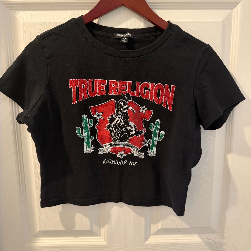 True Religion Black Graphic Crop Tee with Red & Green Accents